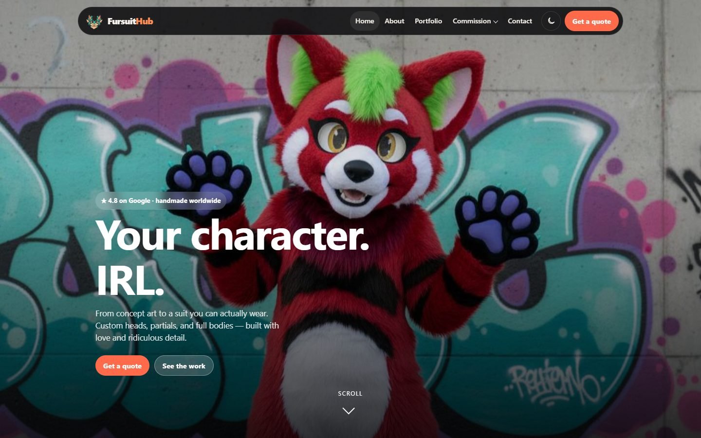 FursuitHub homepage with a red panda fursuit